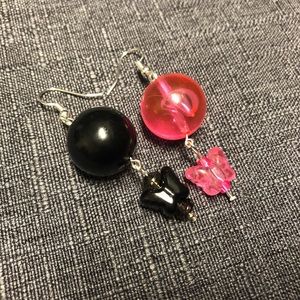 Black and Pink Mismatched Handmade Earrings